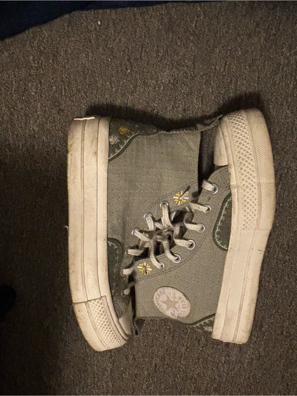 Converse Gray High-Top Canvas Sneakers with Yellow Accent Stitching
